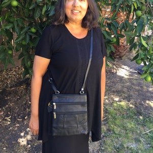 Leather black crossbody purse bag 5 zippered pockets, fully adjustable strap