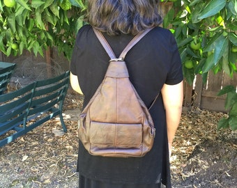 Leather brown backpack purse bag with adjustable strap