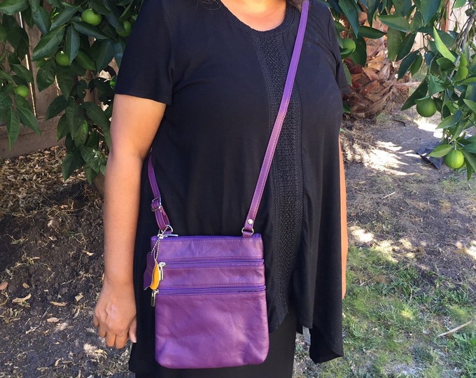 Leather purple crossbody purse bag 5 zippered pockets, fully adjustable strap