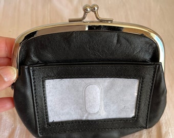 Leather black coin purse id slot + snap pocket w/ 6 credit card slots change purse leather coin bag leather coin pouch leather coin holder