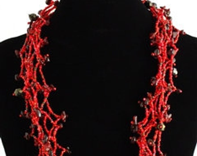 Hand beaded red garnet multistrand necklace, magnetic clasp, 24 inches