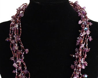 Hand beaded purple amethyst multistrand necklace, magnetic clasp, 24 inches