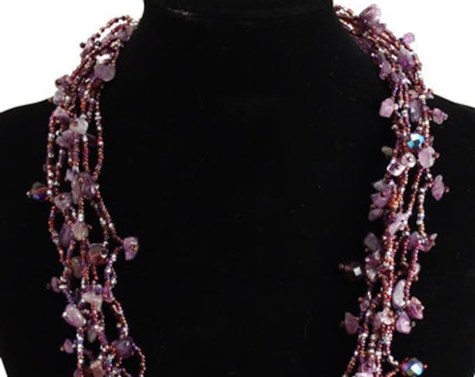 Hand beaded purple amethyst multistrand necklace, magnetic clasp, 24 inches