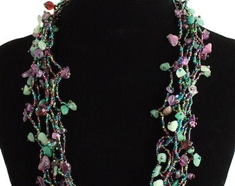 Hand beaded purple amethyst green multistrand necklace, magnetic clasp, 24 inches