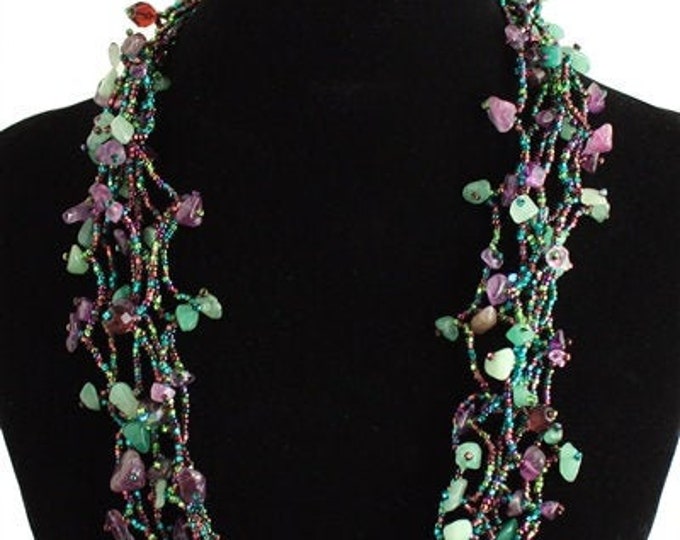 Hand beaded purple amethyst green multistrand necklace, magnetic clasp, 24 inches