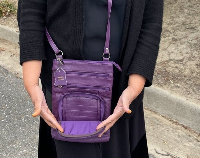 Leather Purple smart cell purse bag Leather purse crossbody built in wallet, open smart phone pocket, fully adjustable strap