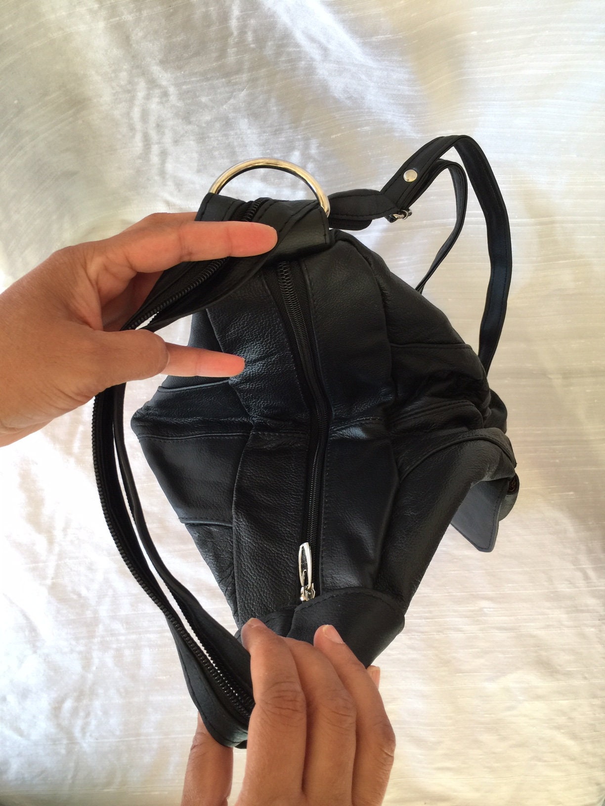 Leather black backpack purse bag with adjustable strap