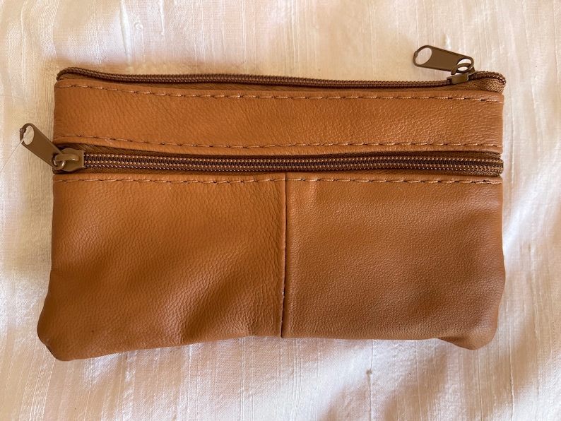 Leather tan coin purse 4 zippered pockets change purse leather coin bag leather coin pouch leather coin holder image 2