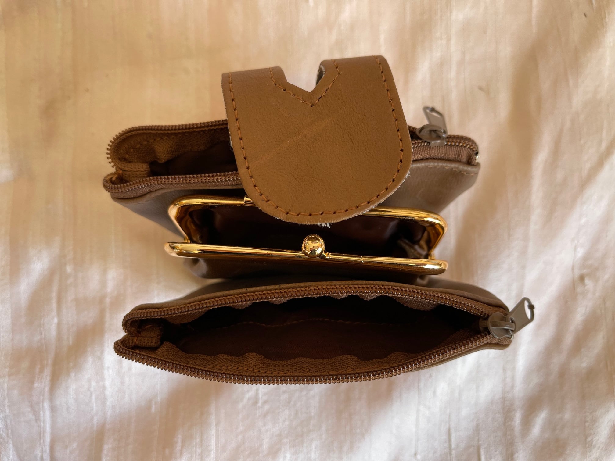 Leather tan coin purse 2 snap 2 zippered pockets change purse leather coin  bag leather coin pouch leather coin holder