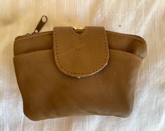 Leather tan coin purse 2 zippered + 1 snap pockets change purse leather coin bag leather coin pouch leather coin holder
