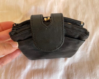 Leather black coin purse 2 zippered + 1 snap pockets change purse leather coin bag leather coin pouch leather coin holder