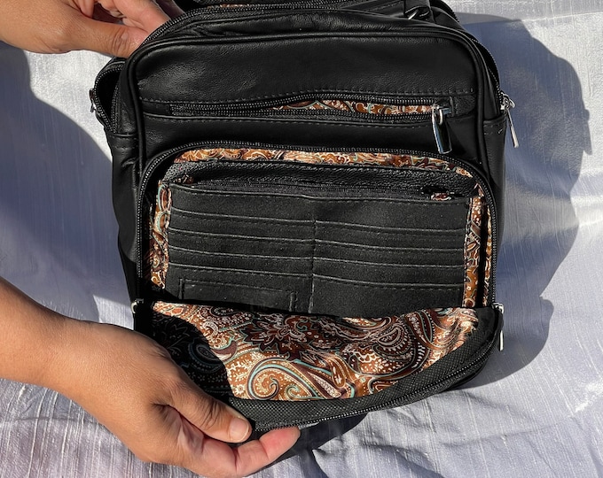 Leather black square purse bag Leather purse crossbody built in wallet, tablet pocket, fully adjustable strap