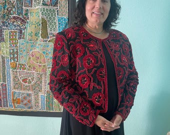 New Hand dyed Ruby Red Black Silk Christmas Valentine's Day Evening wear Beaded Jacket Holiday Cruise New Years sizes medium to 3XL