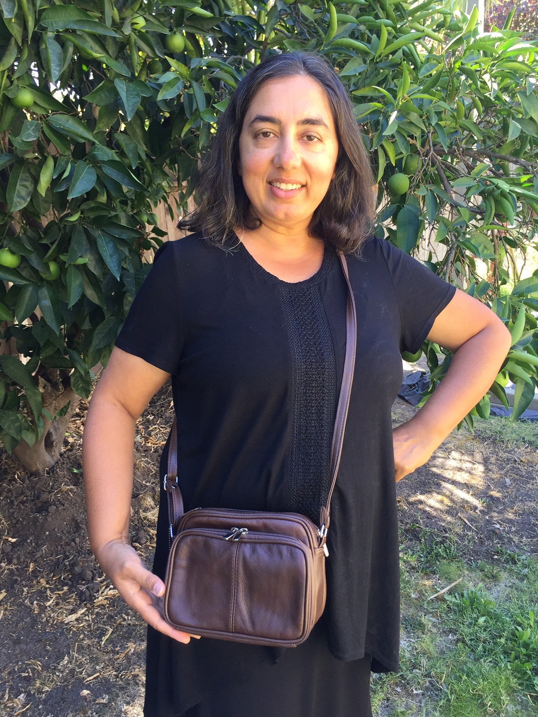 Leather Brown Crossbody Purse Bag Boxy, 3 Zippered Roomy Compartments