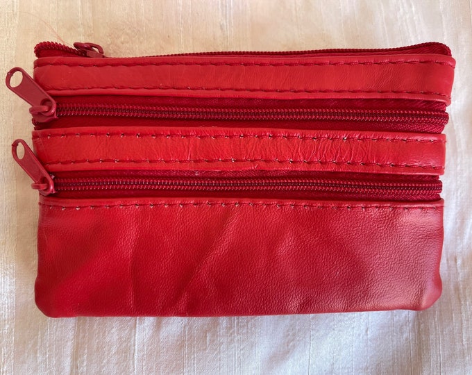 Leather red coin purse 4 zippered pockets change purse leather coin bag leather coin pouch leather coin holder