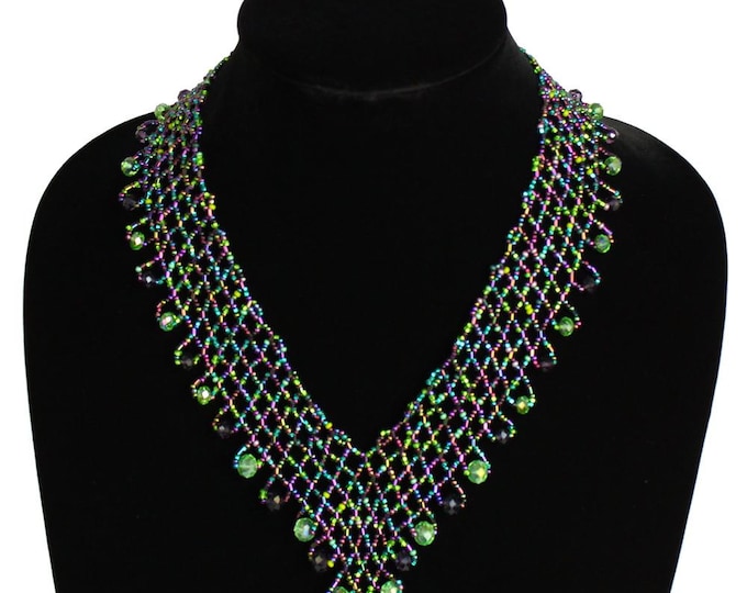 Hand beaded purple green lattice necklace, magnetic clasp, 19 inches #105