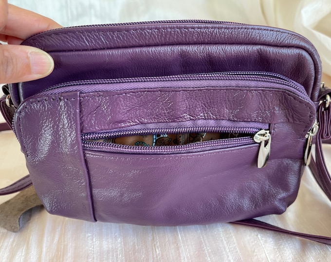 Leather purple crossbody compact purse bag, 2 compartments 1 for cell phone 1 for keys, fully adjustable strap