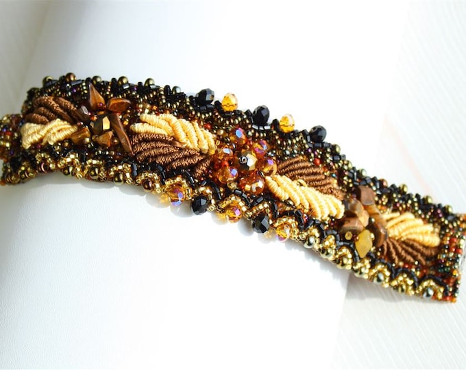 Hand beaded earth tones bracelet, double magnetic clasp, weaving leaves bronze brown 7 inches #103