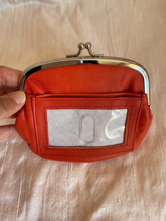 Leather orange coin purse id slot snap pocket w/ 6 credit card slots