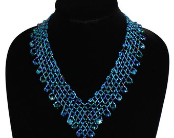 Hand beaded peacock teal blue lattice necklace, magnetic clasp, 19 inches #108