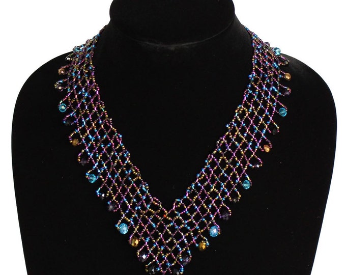 Hand beaded purple turquoise lattice necklace, magnetic clasp, desert sunset 19 inches #106