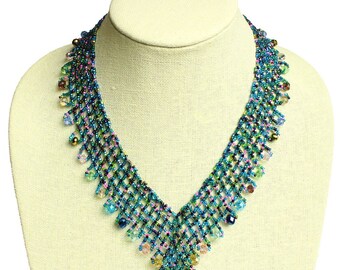 Hand beaded blue multicolored lattice necklace, magnetic clasp, 19 inches #176