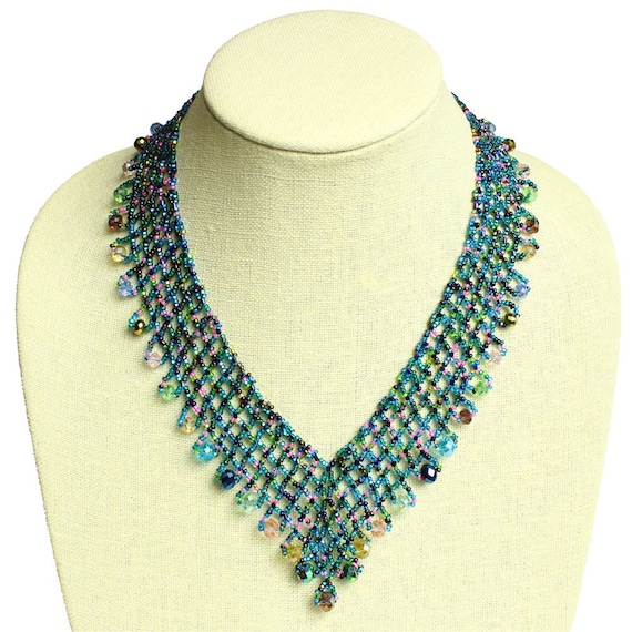 Hand Beaded Blue Multicolored Lattice Necklace Magnetic - Etsy