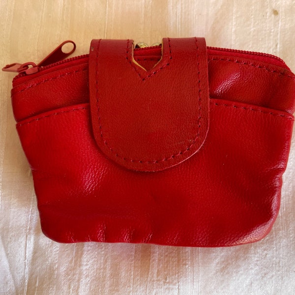 Leather red coin purse 2 zippered + 1 snap pockets change purse leather coin bag leather coin pouch leather coin holder