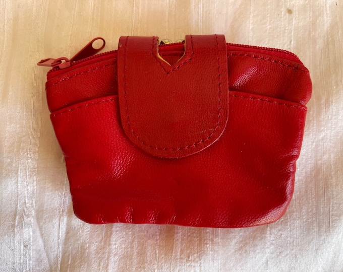 Leather red coin purse 2 zippered + 1 snap pockets change purse leather coin bag leather coin pouch leather coin holder