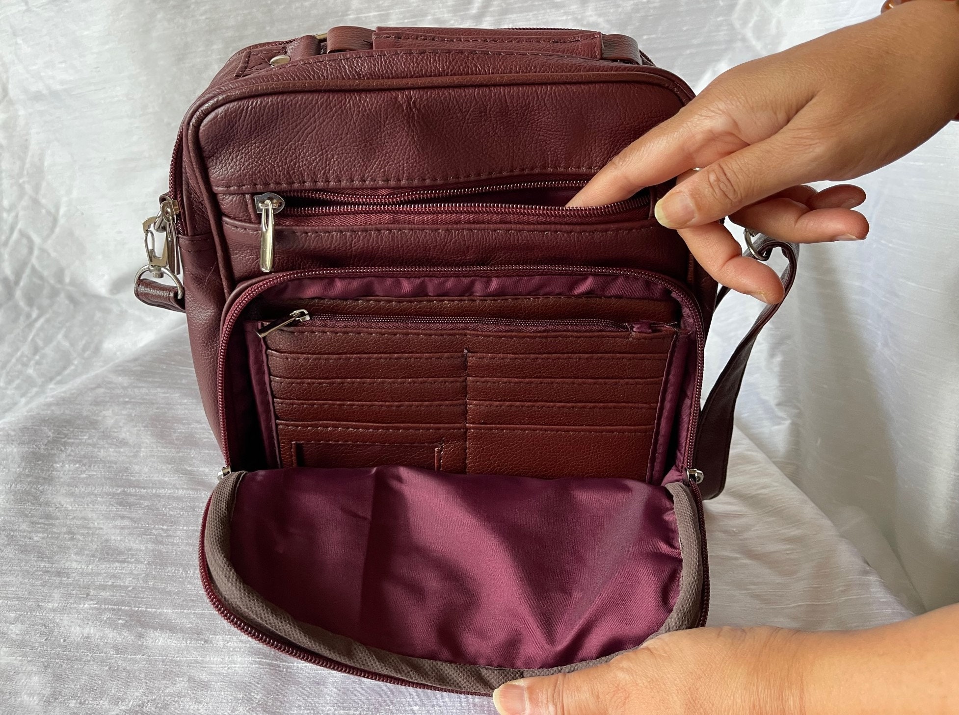 Leather burgundy square purse bag Leather purse crossbody built in wallet,  tablet pocket, fully adjustable strap