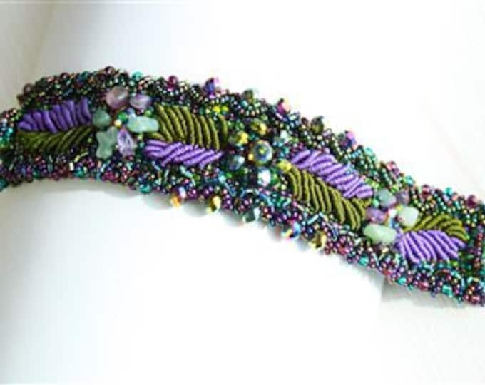 Hand beaded purple green bracelet, double magnetic clasp, weaving leaves 7 inches