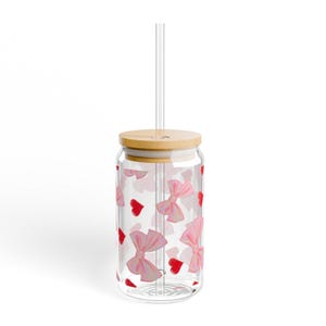 Pink Bow and Heart Glass Cup with Bamboo Lid & Straw | 16oz Aesthetic Iced Coffee Tumbler | Cute Valentine’s Gift