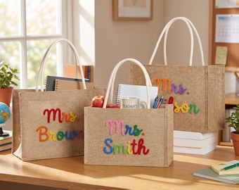 Personalized Teacher Tote Bag, Custom Teacher Gift, Burlap Teacher Tote, Teacher Appreciation Gift, Thank You Gift, Back to School Gift