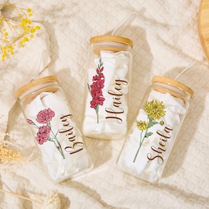 Bridesmaid Gifts Personalized Birth Flower Tumbler with Name Iced Coffee Cup with Straw Flower Coffee Cup Bridesmaid Proposal Gifts for Her