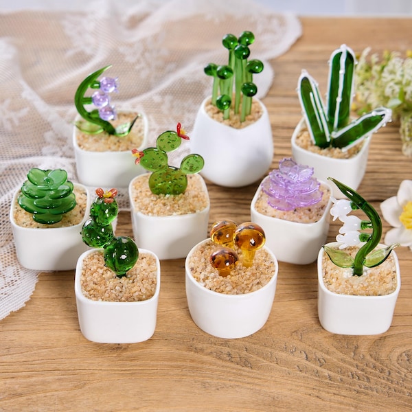Handmade Glass Succulent Plant, Potted Home Decor, Cactus Lover Gift