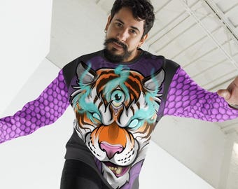 Third Eye Of The Tiger Sweatshirt, Unisex Tattoo Art Hoodie with Hexagon Pattern