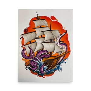 Salpa sull'Hight Squeeze - Poster di alta qualità, Avventura nautica: Poster di nave e tentacoli