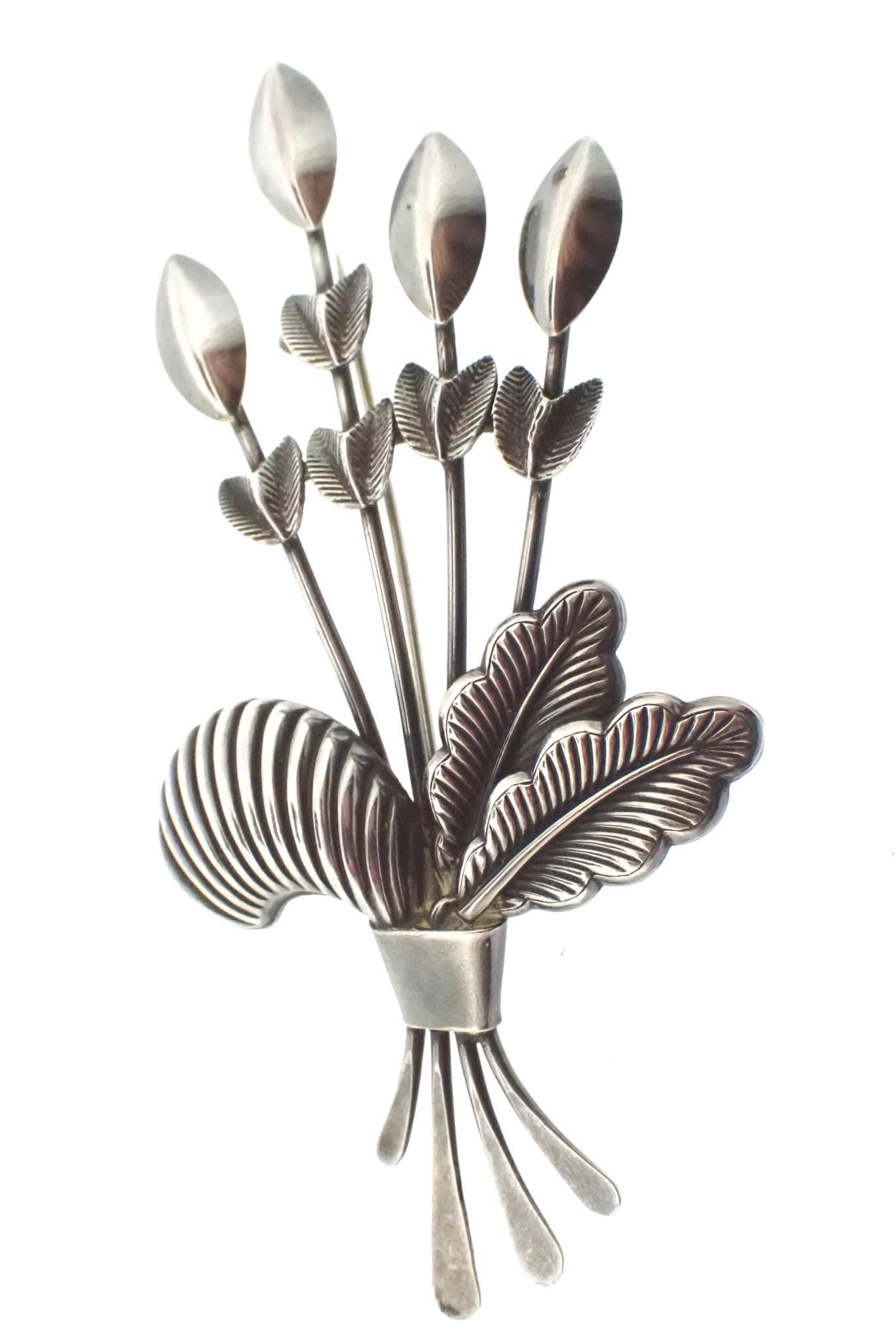 Broche Fleur Ancienne En Argent Massif - Design Norvège, Vintage, Occasion