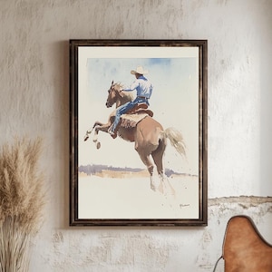 Cowboy Riding Horse Watercolour Print | Western Rodeo Action Wall Art | Rustic Ranch Cowboy Decor | Digital Download