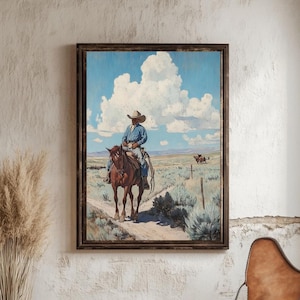 Cowboy Landscape Riding Horse Print | Rustic Country Landscape Poster | Vintage Cowboy Decor | Digital Downloadable Artwork