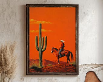 Desert Cowboy Wall Art Print | Western Sunset Landscape with Cactus | Bold Orange Western Decor | Southwestern Cowboy Digital Download