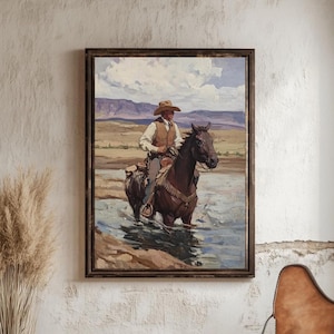Cowboy Landscape Painting | Western Wall Art Print | Rustic Desert Cowboy Scene | Vintage Cowboy Artwork | Digital Download
