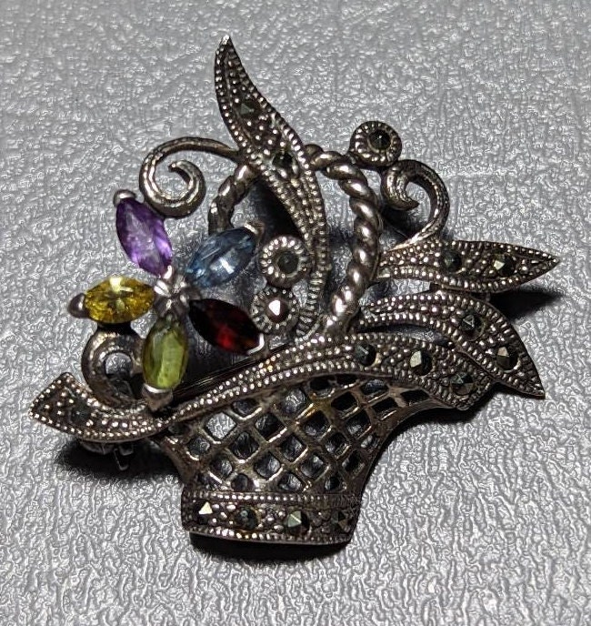 Designer Sterling Silver Gemstone Flower Basket Brooch Pin - Etsy