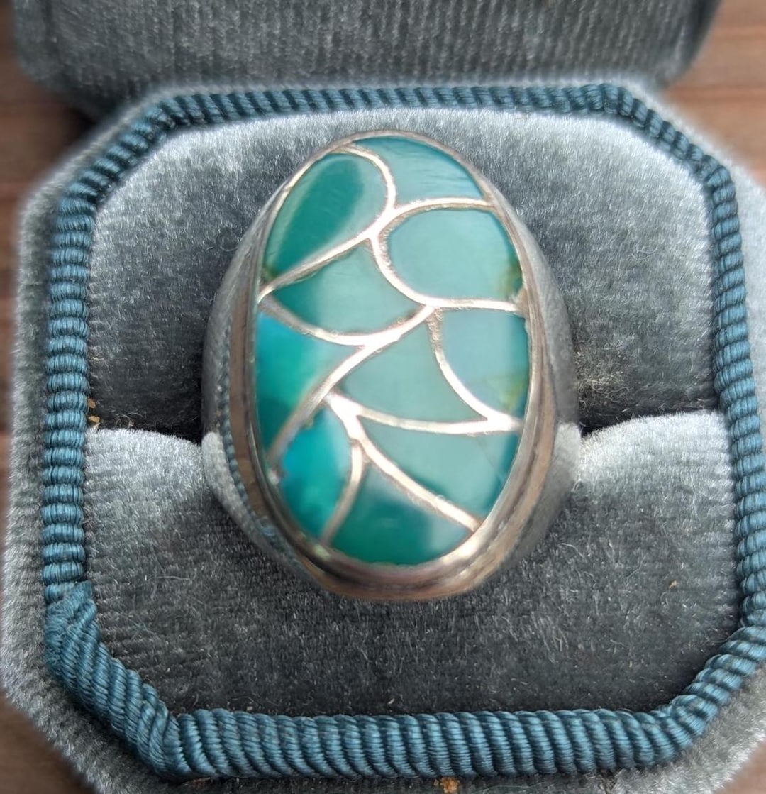 Vintage Zuni Turquoise Inlay Ring: Sterling Silver Native American