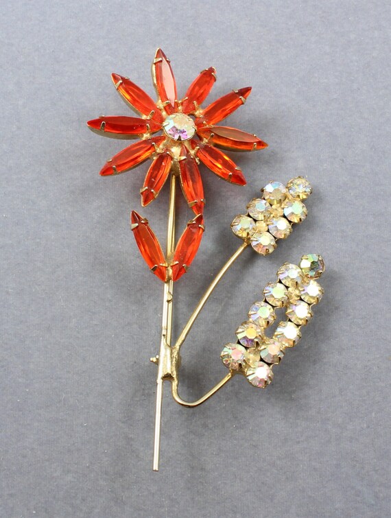 Vintage Rhinestone Flower Brooch Pin, 1950s Costu… - image 3