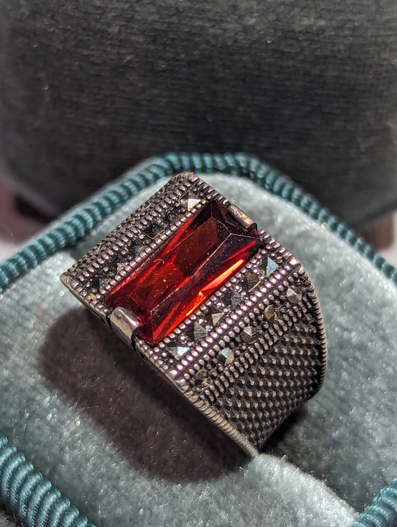 Art Deco Style Sterling Silver Red Stone Marcasite Ring - Designer