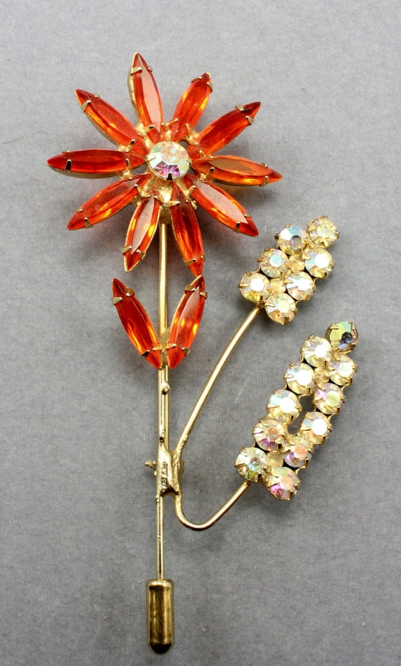 Vintage Rhinestone Flower Brooch Pin, 1950s Costu… - image 4