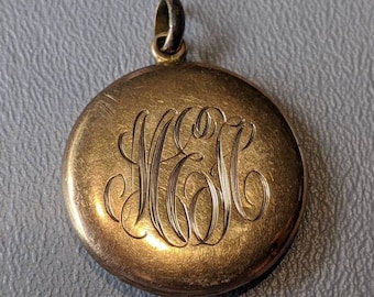 Edwardian Monogrammed &quot;MEH&quot; Locket - Antique Gold Filled Round Engraved Pendant Picture Locket-Circa 1900s