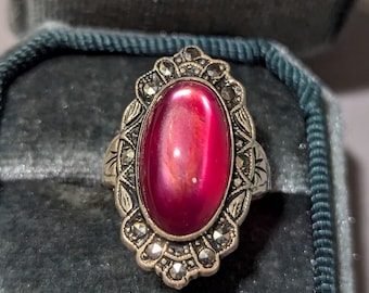 Antique Jelly Opal Sterling Silver Marcasite Ring - Size 6 - Art Deco Jewelry