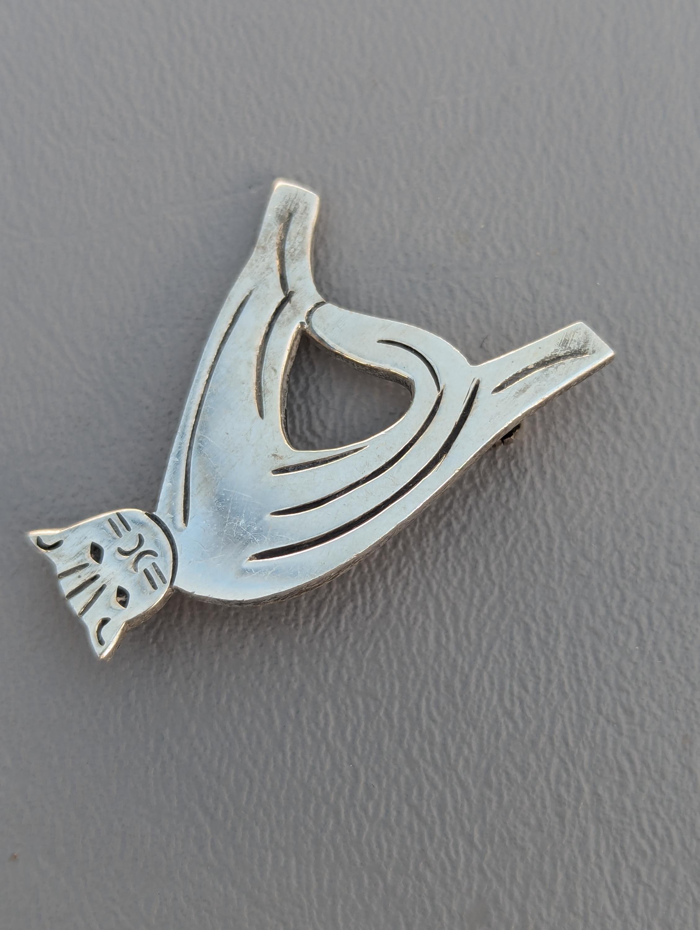 Ancienne Broche En Argent Massif 925 TAXCO Art Déco Chat Turquoise - Occasion